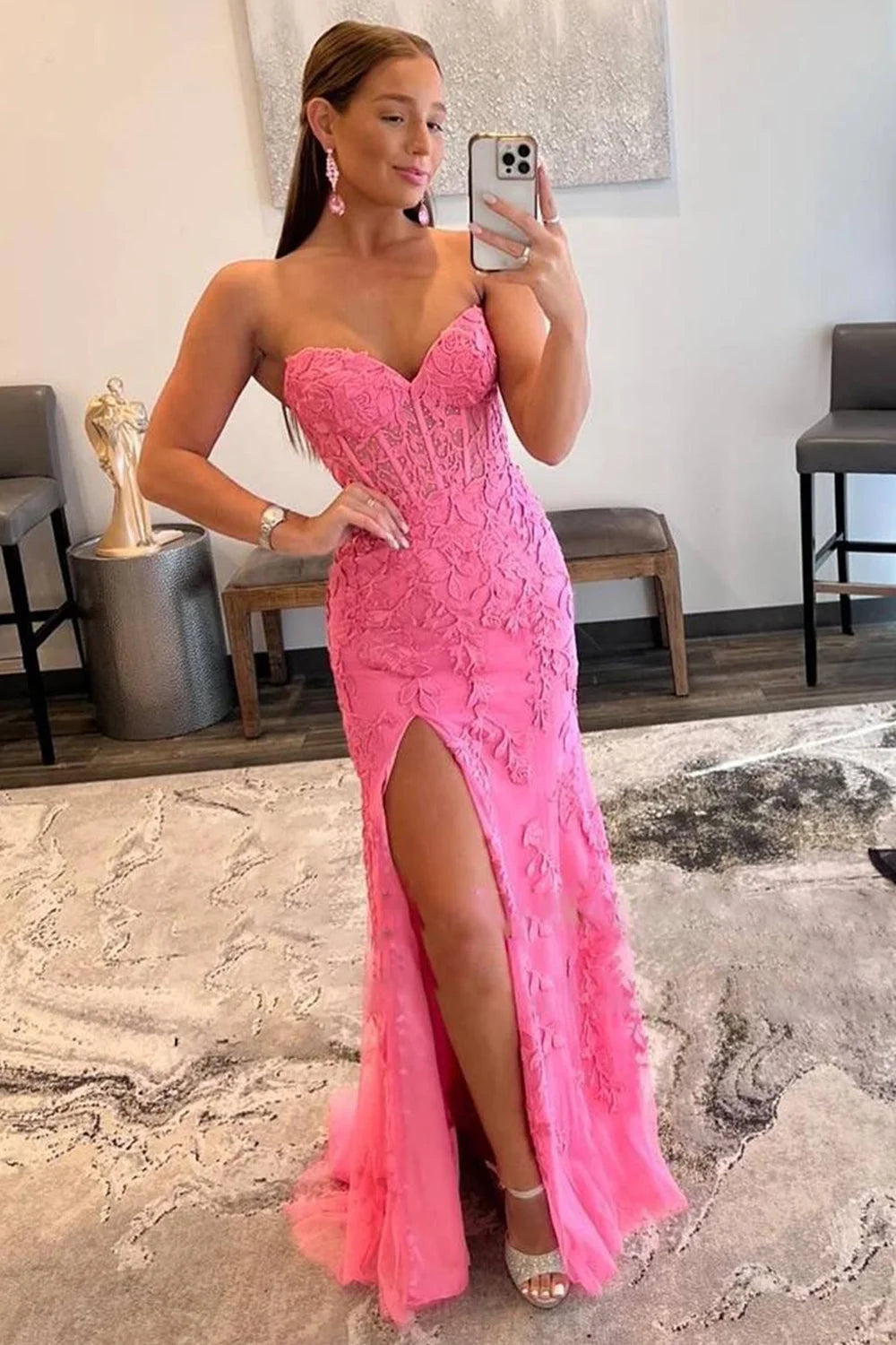 dressimeSheath Sweetheart Applique Long Prom Dresses with Slit