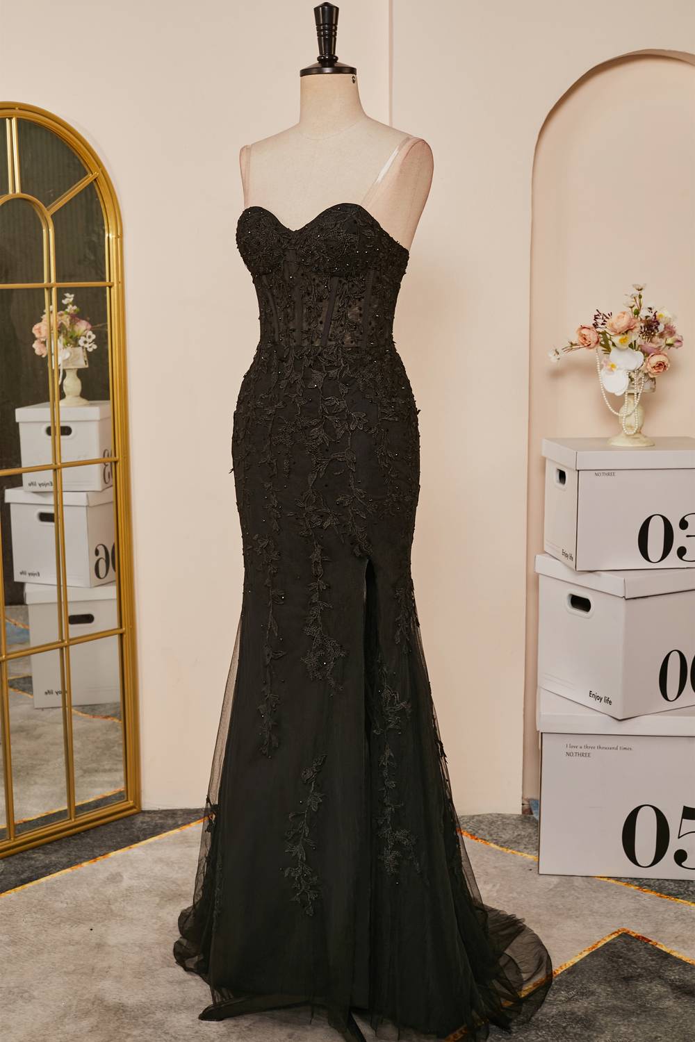 dressimeSheath Sweetheart Applique Long Prom Dresses with Slit