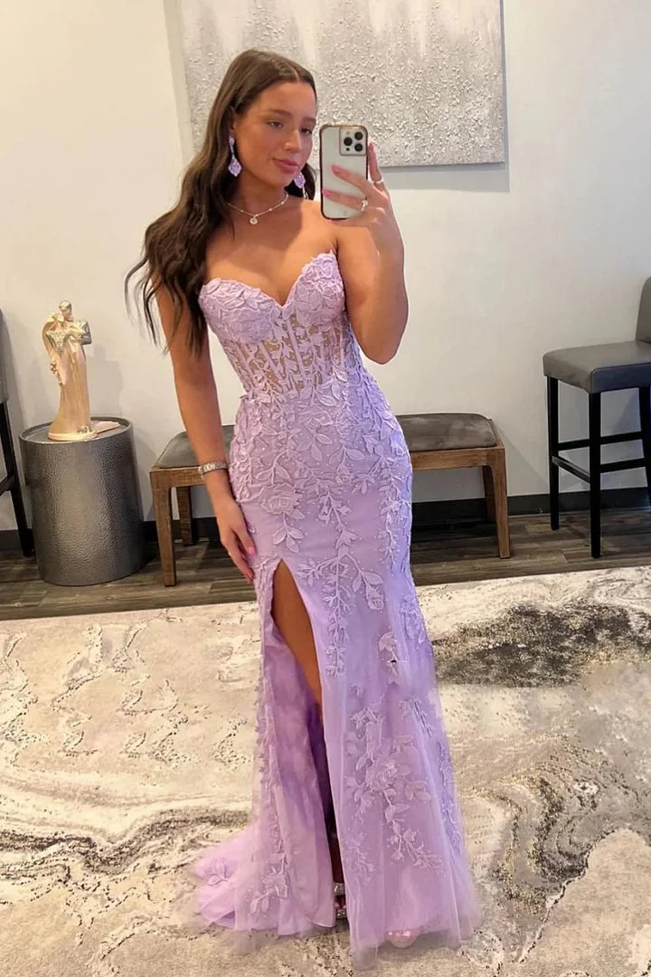 dressimeSheath Sweetheart Applique Long Prom Dresses with Slit