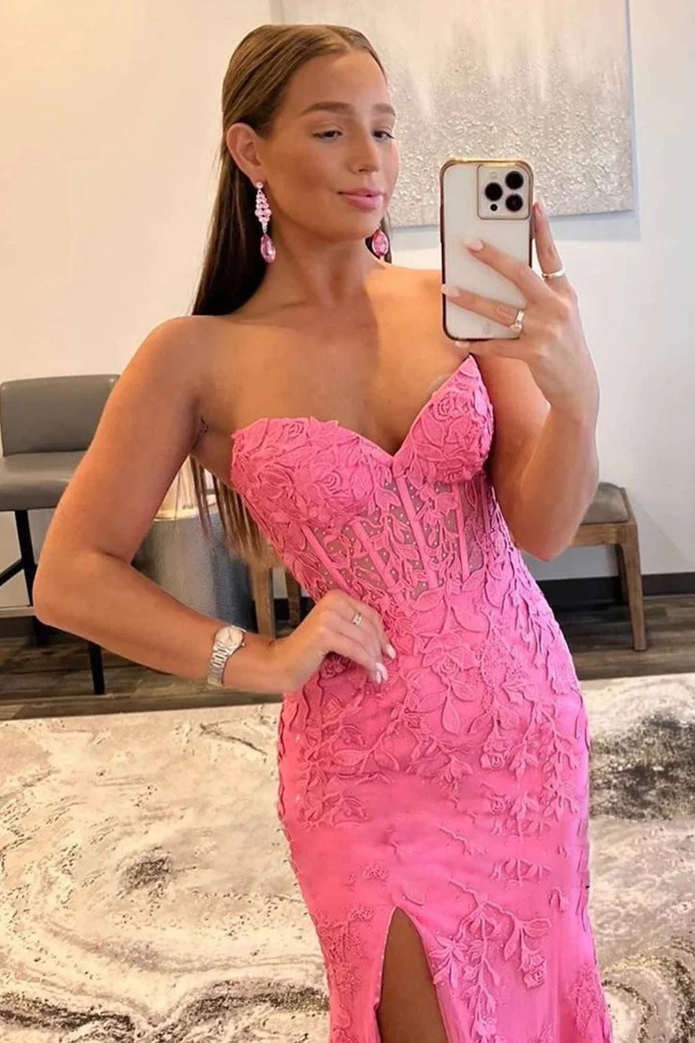 dressimeSheath Sweetheart Applique Long Prom Dresses with Slit