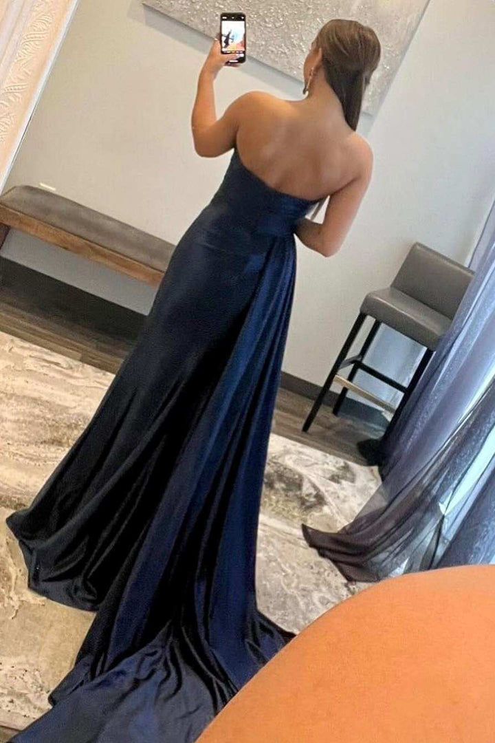dressimeSheath Sweetheart Satin Split Prom Dresses with Attached Train