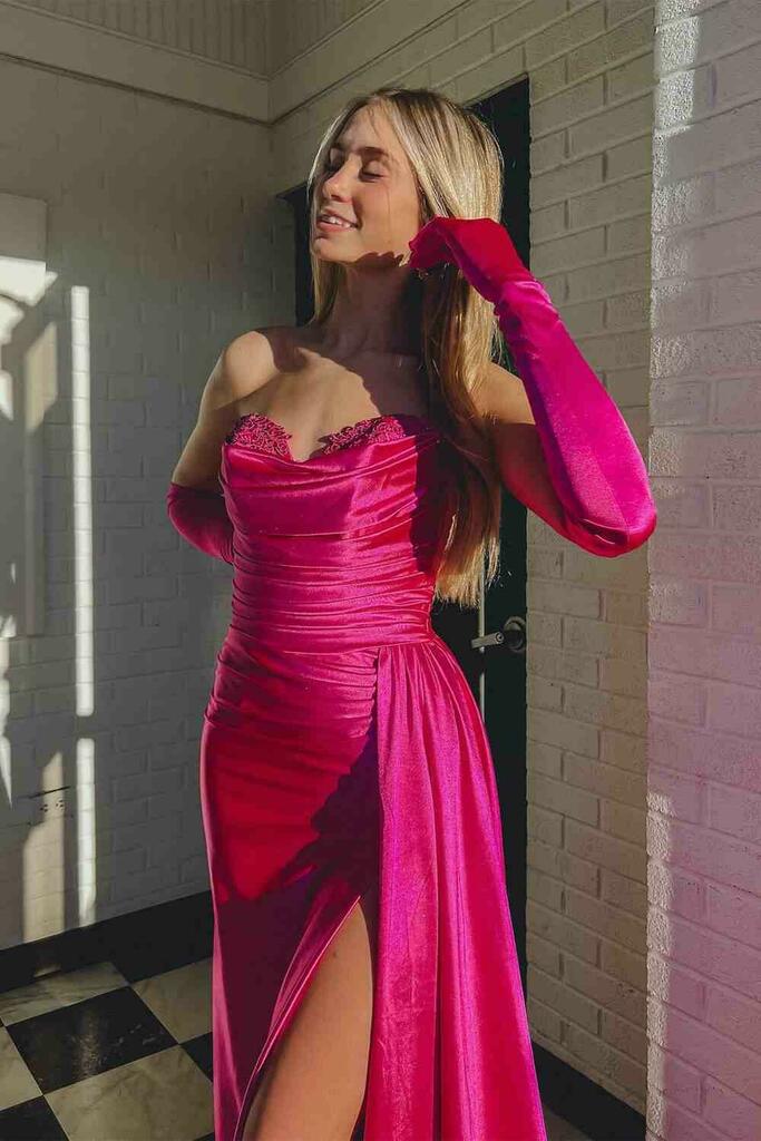 dressimeSheath Sweetheart Satin Split Prom Dresses with Attached Train