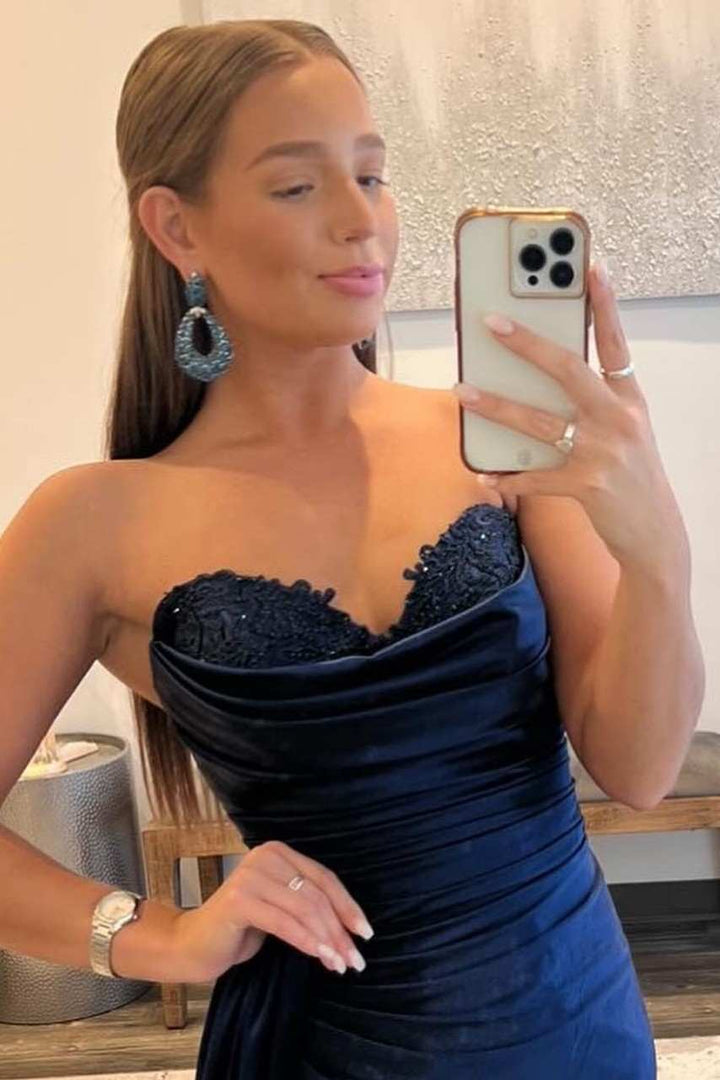 dressimeSheath Sweetheart Satin Split Prom Dresses with Attached Train