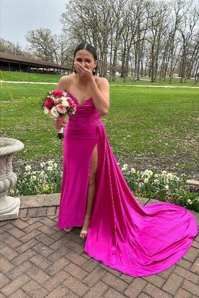 dressimeSheath Sweetheart Satin Split Prom Dresses with Attached Train