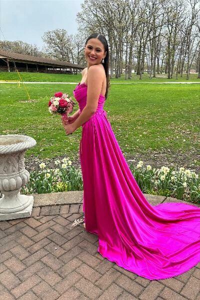 dressimeSheath Sweetheart Satin Split Prom Dresses with Attached Train