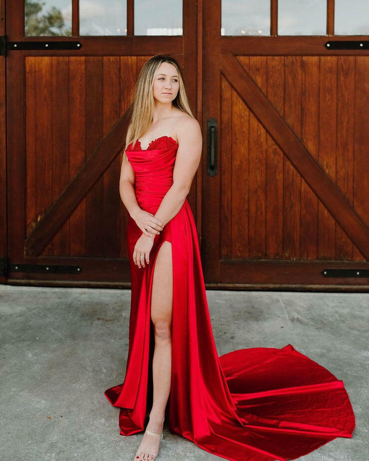 dressimeSheath Sweetheart Satin Split Prom Dresses with Attached Train