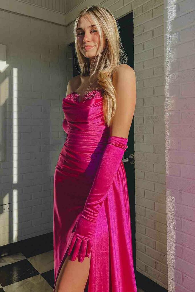 dressimeSheath Sweetheart Satin Split Prom Dresses with Attached Train