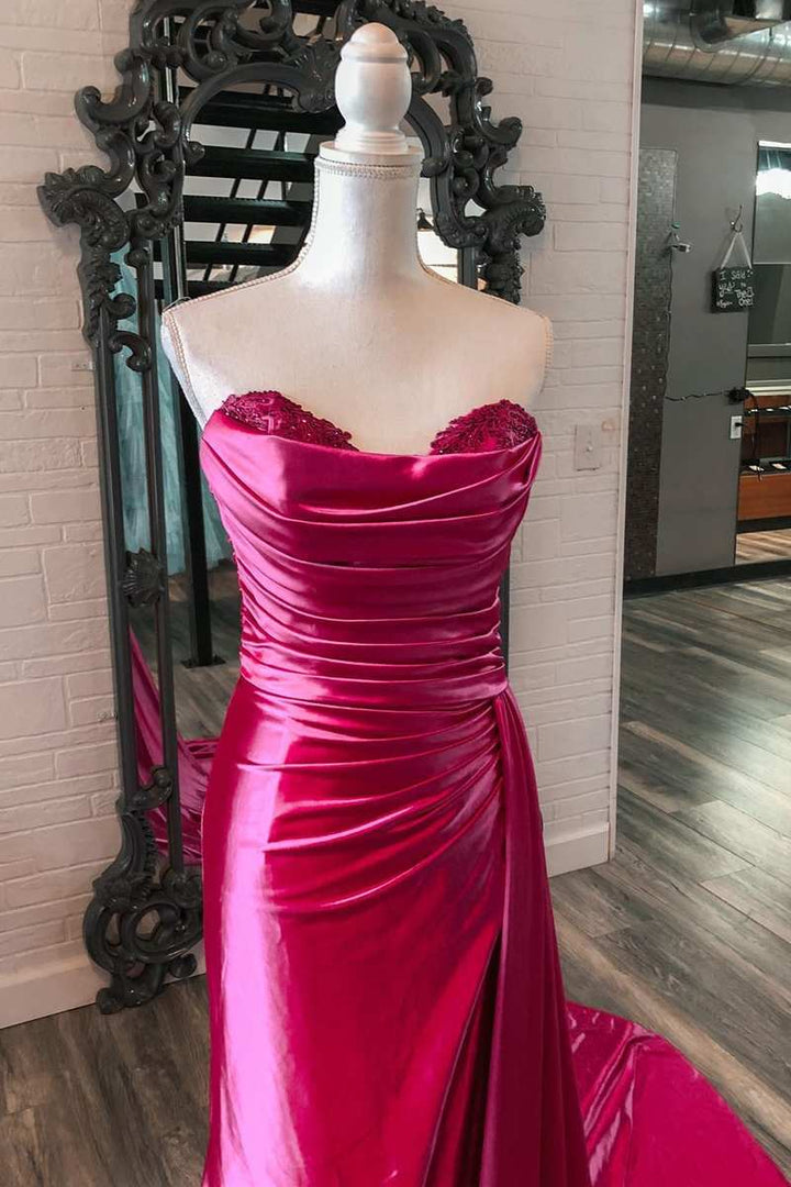 dressimeSheath Sweetheart Satin Split Prom Dresses with Attached Train