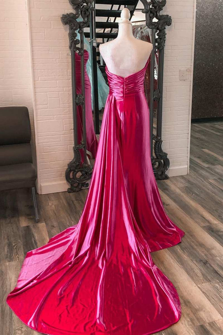 dressimeSheath Sweetheart Satin Split Prom Dresses with Attached Train