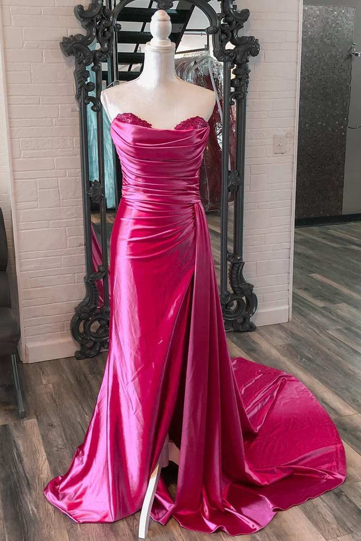 dressimeSheath Sweetheart Satin Split Prom Dresses with Attached Train