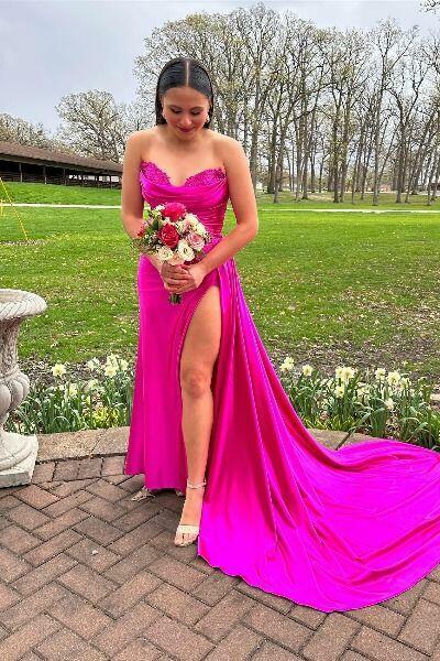 dressimeSheath Sweetheart Satin Split Prom Dresses with Attached Train