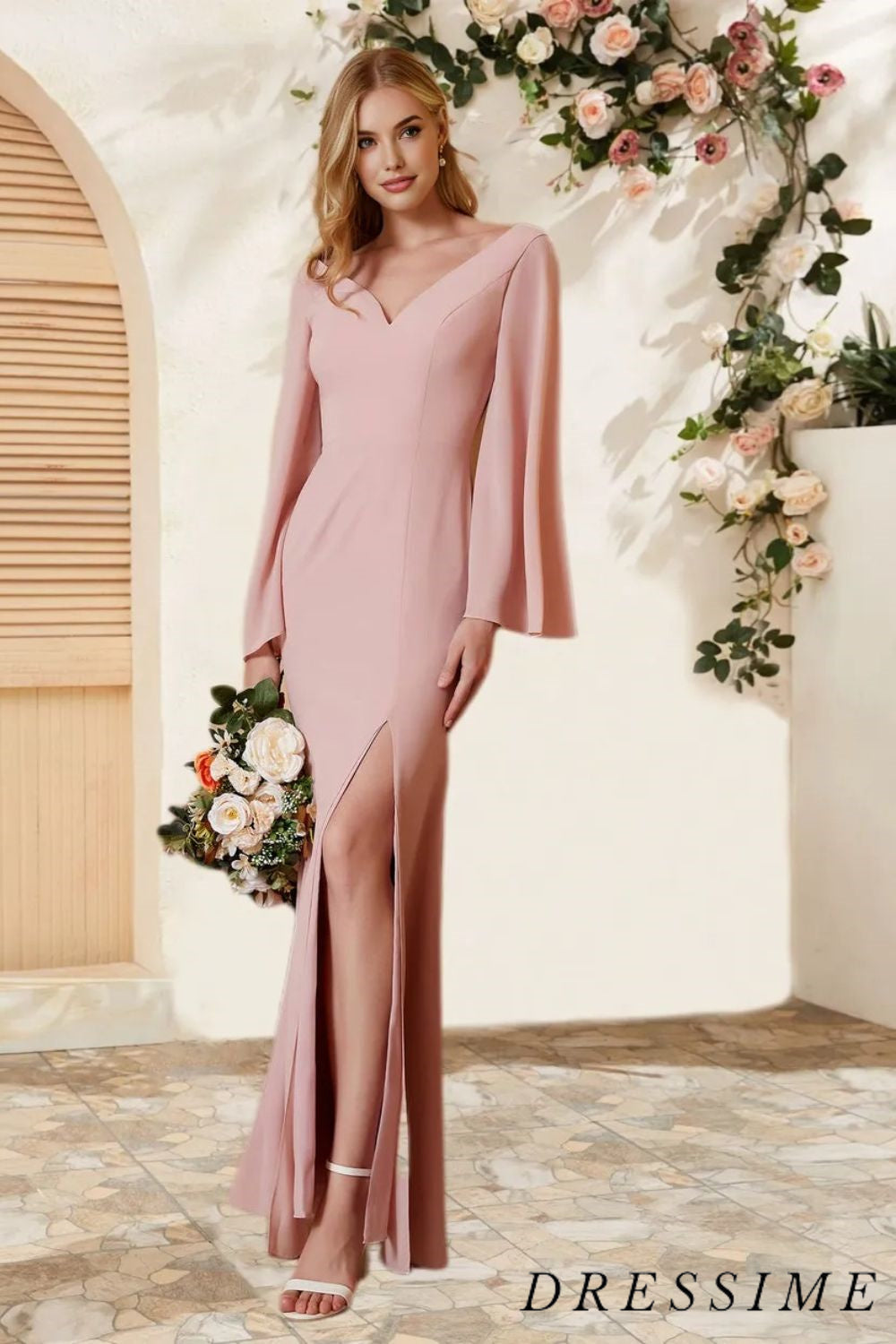 Dressime Sheath V Neck Chiffon Long Sleeves Floor Length Bridesmaid Dress With Slit dressime