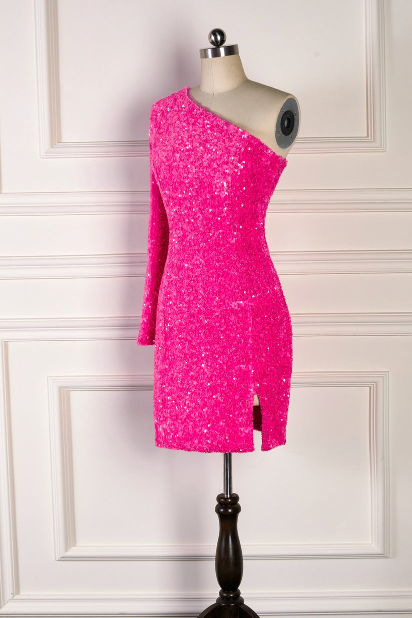 dressimeShiny One Shoulder Sequin Homecoming Dresses With Long Sleeve