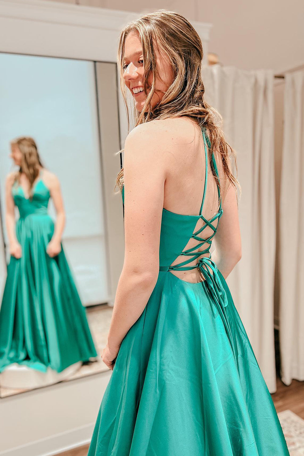dressimeSimple A Line Satin Spaghetti Straps Long Prom Dresses with Slit