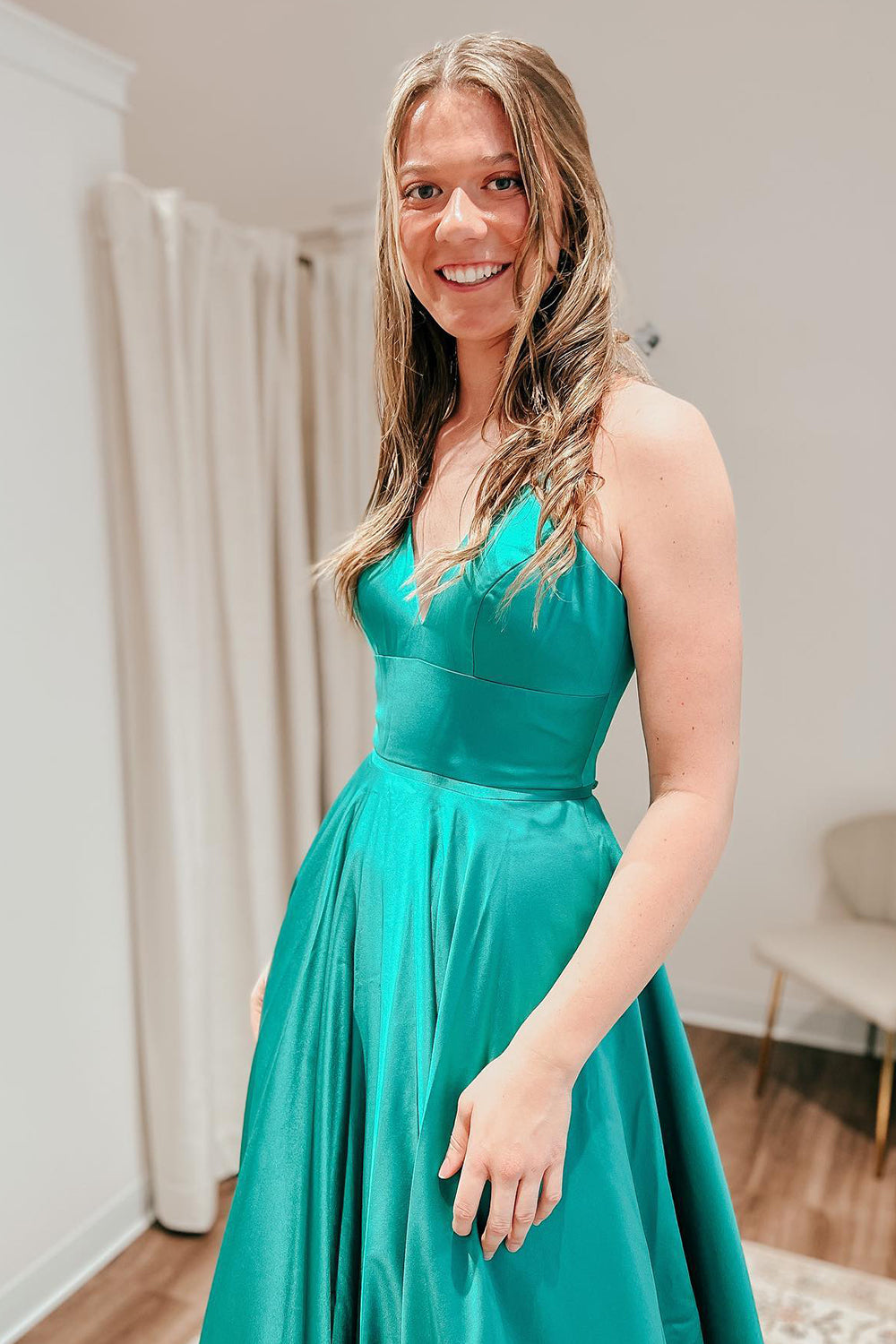 dressimeSimple A Line Satin Spaghetti Straps Long Prom Dresses with Slit