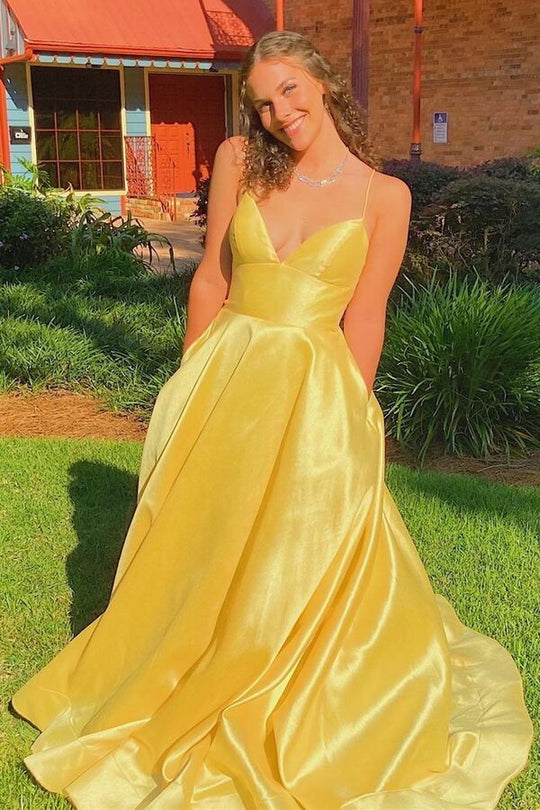 dressimeSimple A Line Spaghetti Straps Satin Long Prom Dresses