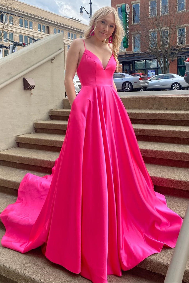 dressimeSimple A Line Spaghetti Straps Satin Long Prom Dresses