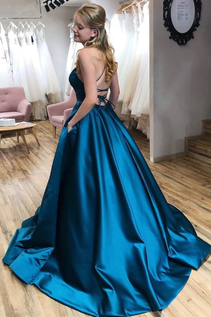 dressimeSimple A Line Spaghetti Straps Satin Long Prom Dresses