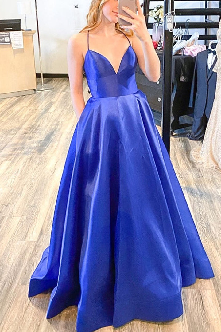 dressimeSimple A Line Spaghetti Straps Satin Long Prom Dresses