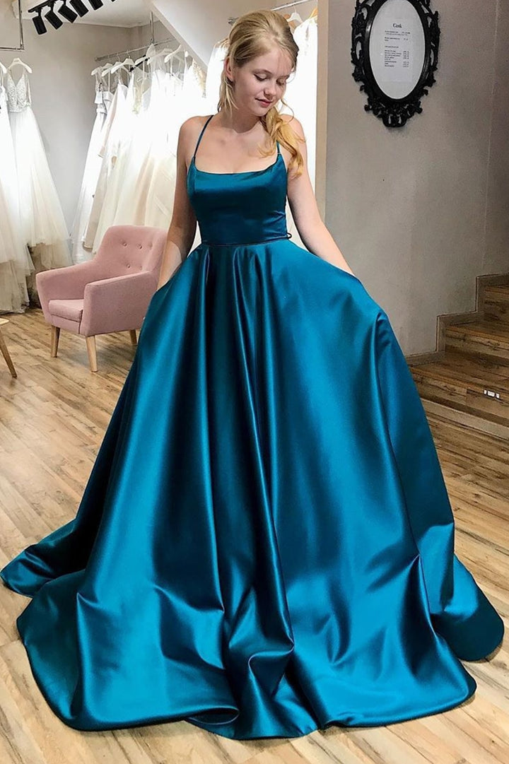 dressimeSimple A Line Spaghetti Straps Satin Long Prom Dresses