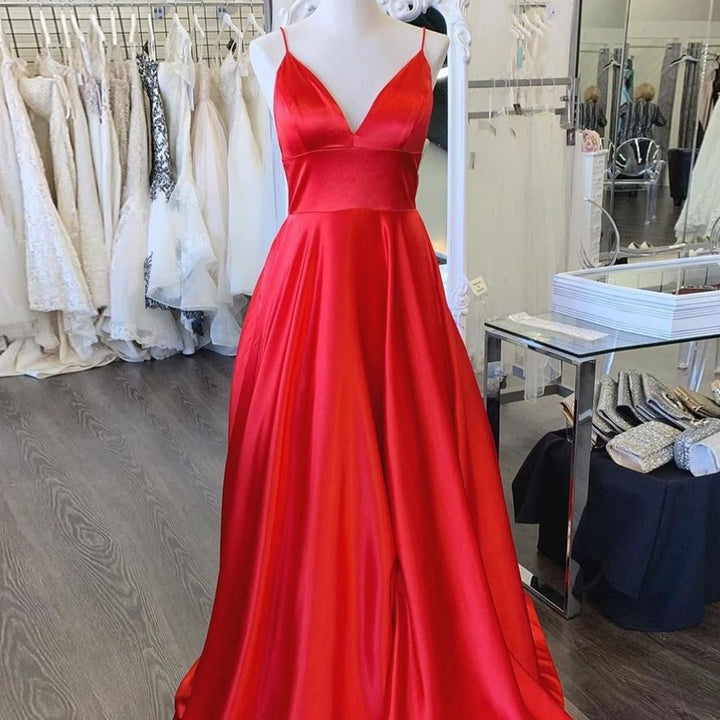 dressimeSimple A Line Spaghetti Straps Satin Long Prom Dresses
