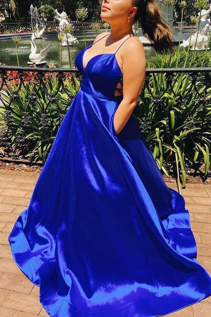 dressimeSimple A Line Spaghetti Straps Satin Long Prom Dresses