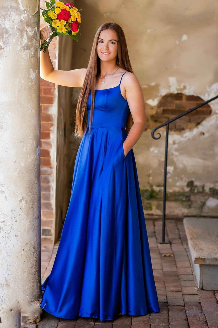 dressimeSimple A Line Spaghetti Straps Satin Long Prom Dresses