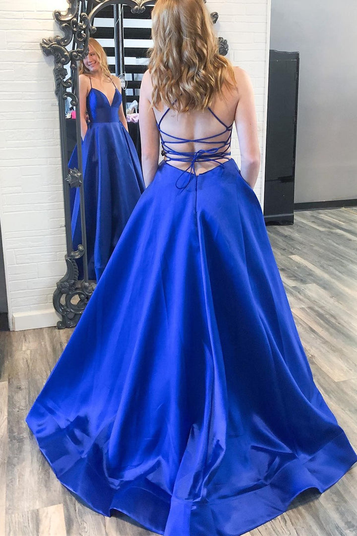dressimeSimple A Line Spaghetti Straps Satin Long Prom Dresses