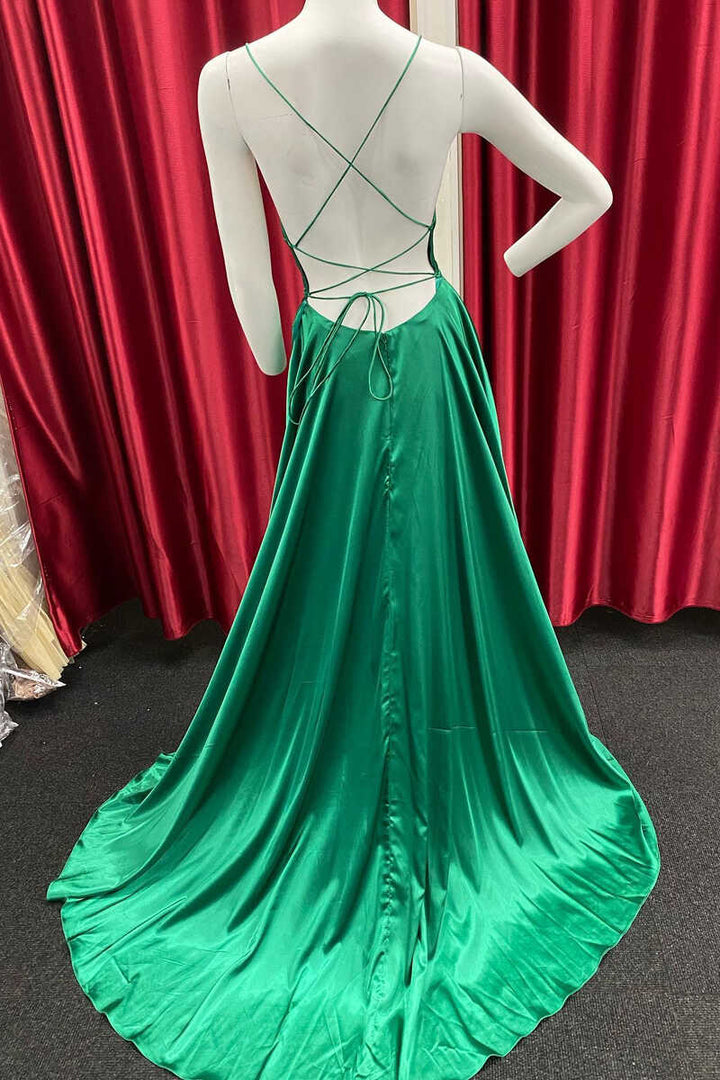 dressimeSimple A Line Spaghetti Straps Satin Long Prom Dresses