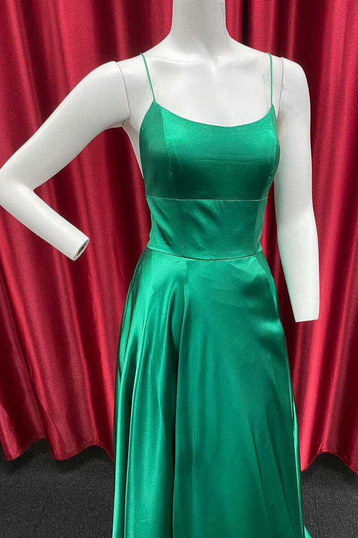 dressimeSimple A Line Spaghetti Straps Satin Long Prom Dresses