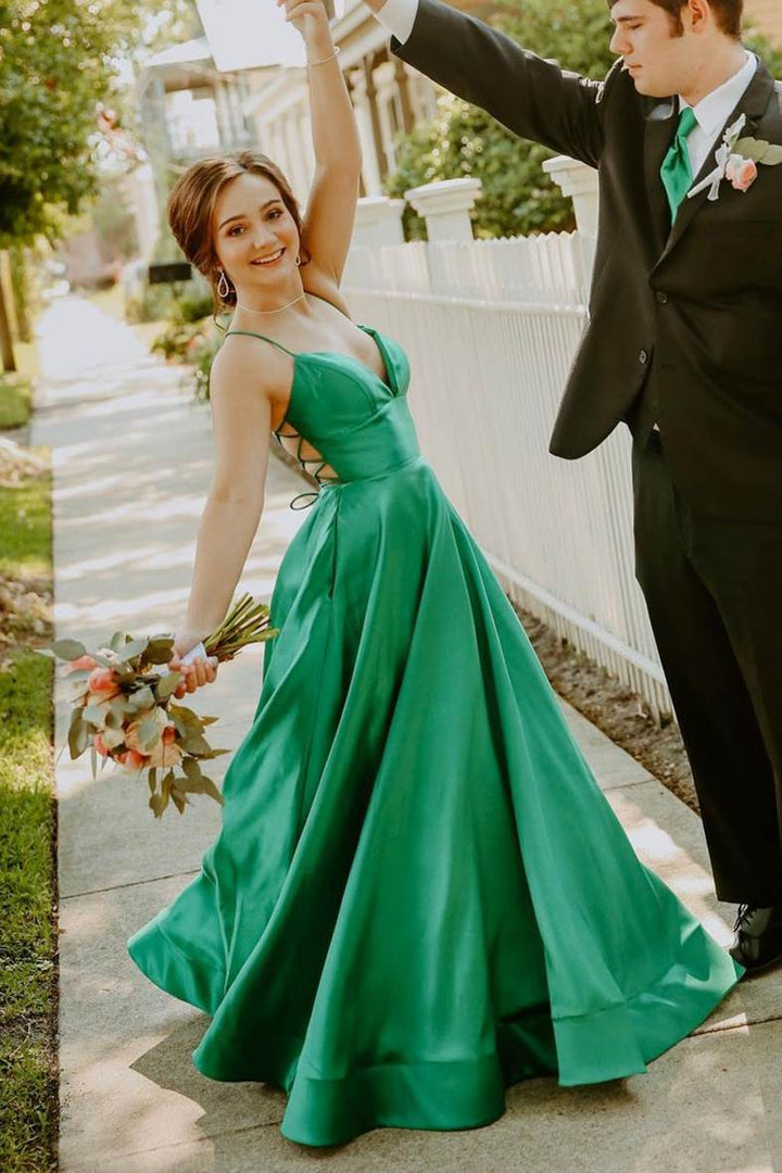 dressimeSimple A Line Spaghetti Straps Satin Long Prom Dresses