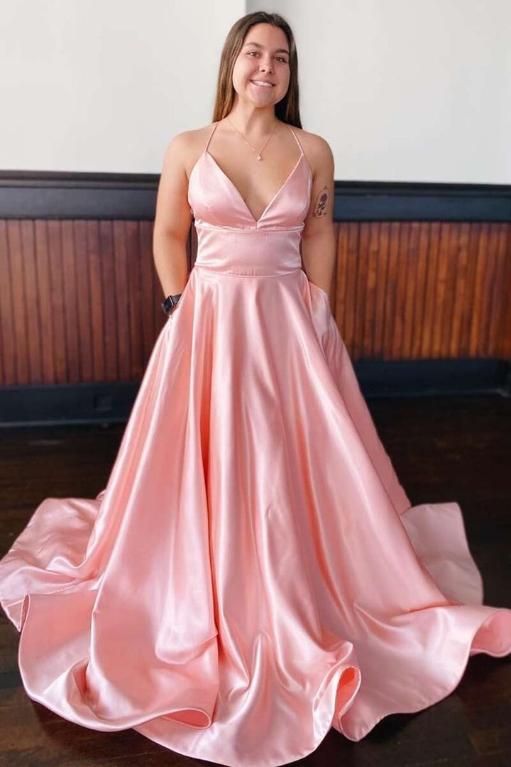 dressimeSimple A Line Spaghetti Straps Satin Long Prom Dresses