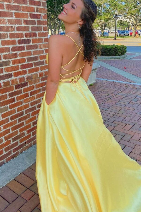 dressimeSimple A Line Spaghetti Straps Satin Long Prom Dresses