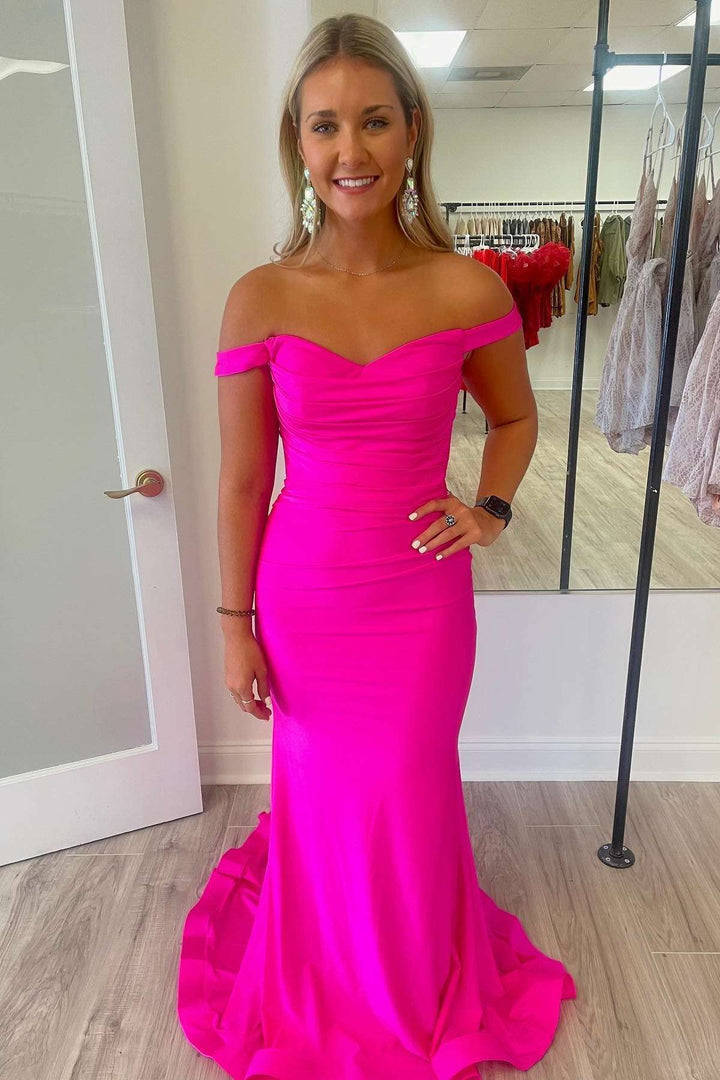 dressimeSimple Mermaid Off the Shoulder Elastic Satin Long Prom Dresses