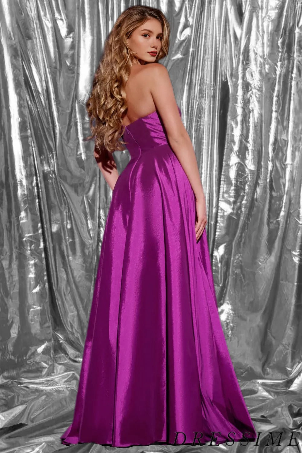 Dressime Sleek A Line Strapless Satin Long Prom Dress With Slit dressime