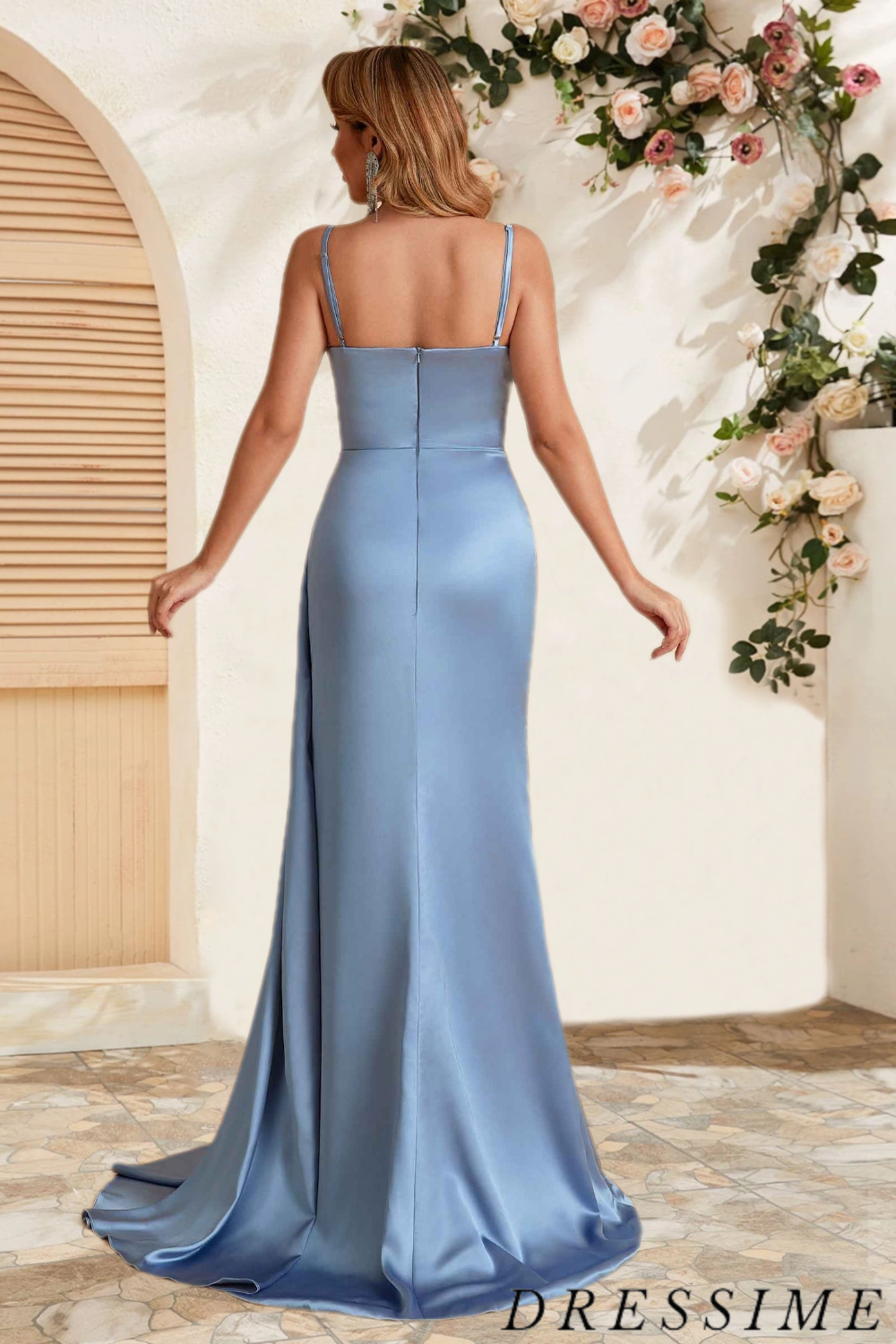 Dressime Sleek Mermaid Spaghetti Straps Satin Slit Long Bridesmaid Dress With Train dressime