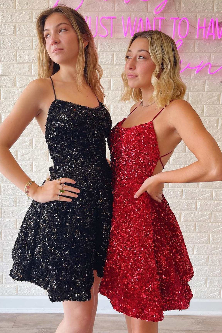 dressimeSpaghetti Straps Homecoming Dresses A Line Scoop Short/Mini Sequin Cocktail Dress