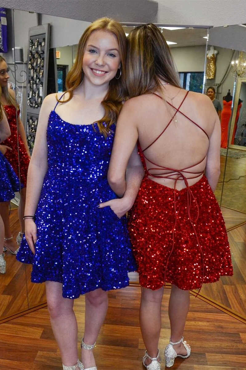 dressimeSpaghetti Straps Homecoming Dresses A Line Scoop Short/Mini Sequin Cocktail Dress