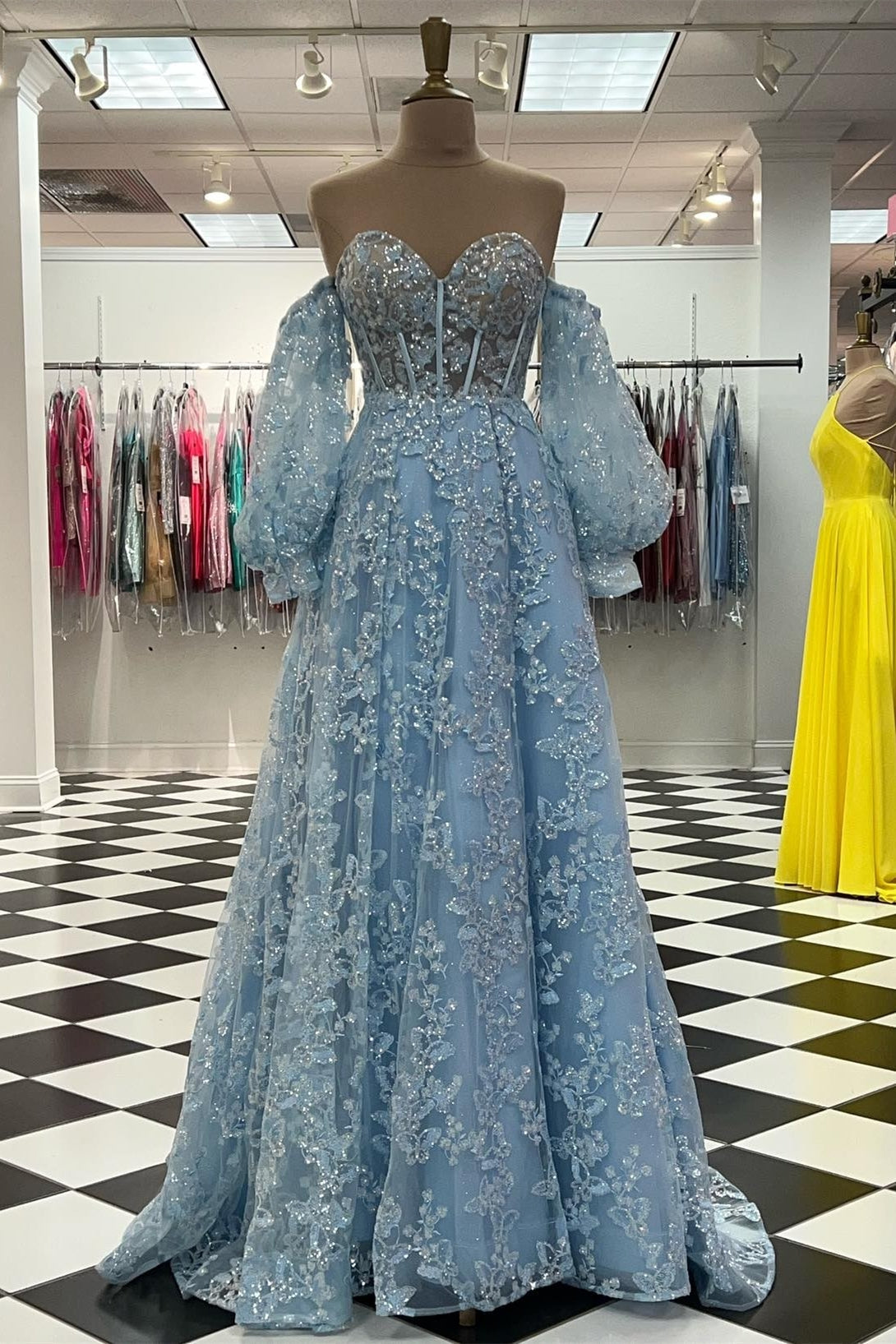 dressimeSparkle Princess Sweetheart Bustier Puff Sleeve Lace Long Prom Dresses