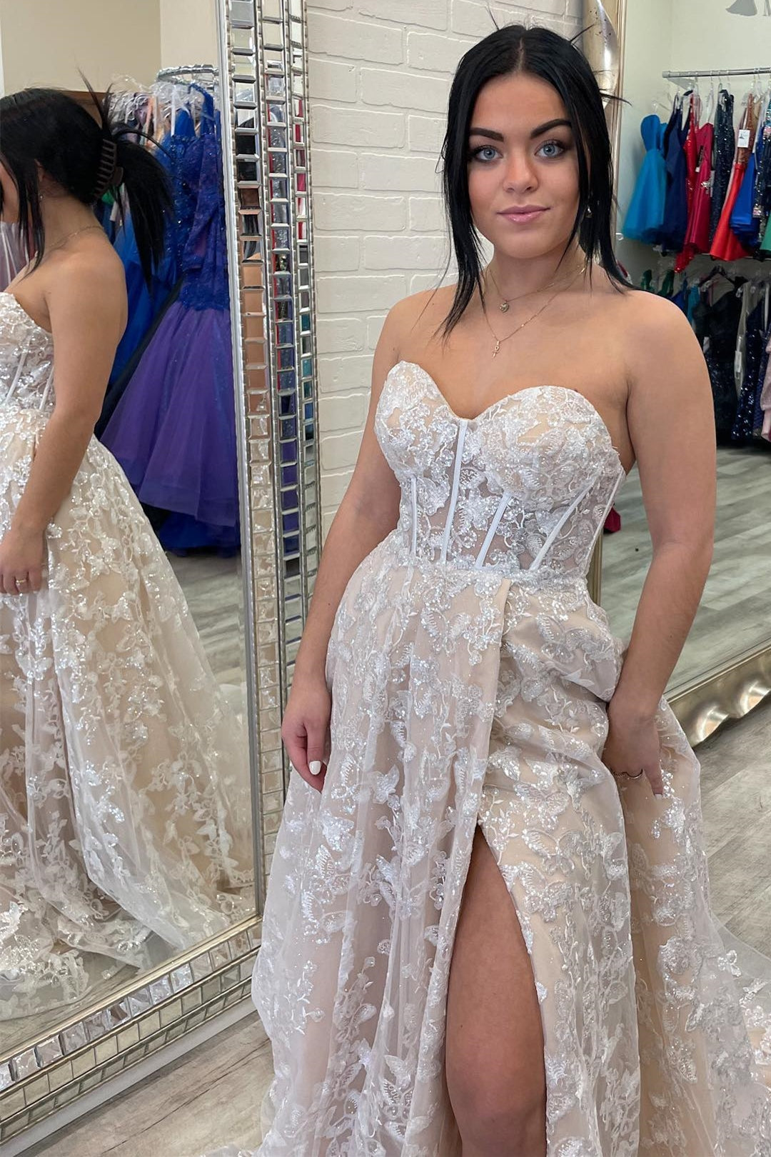 dressimeSparkle Princess Sweetheart Bustier Puff Sleeve Lace Long Prom Dresses
