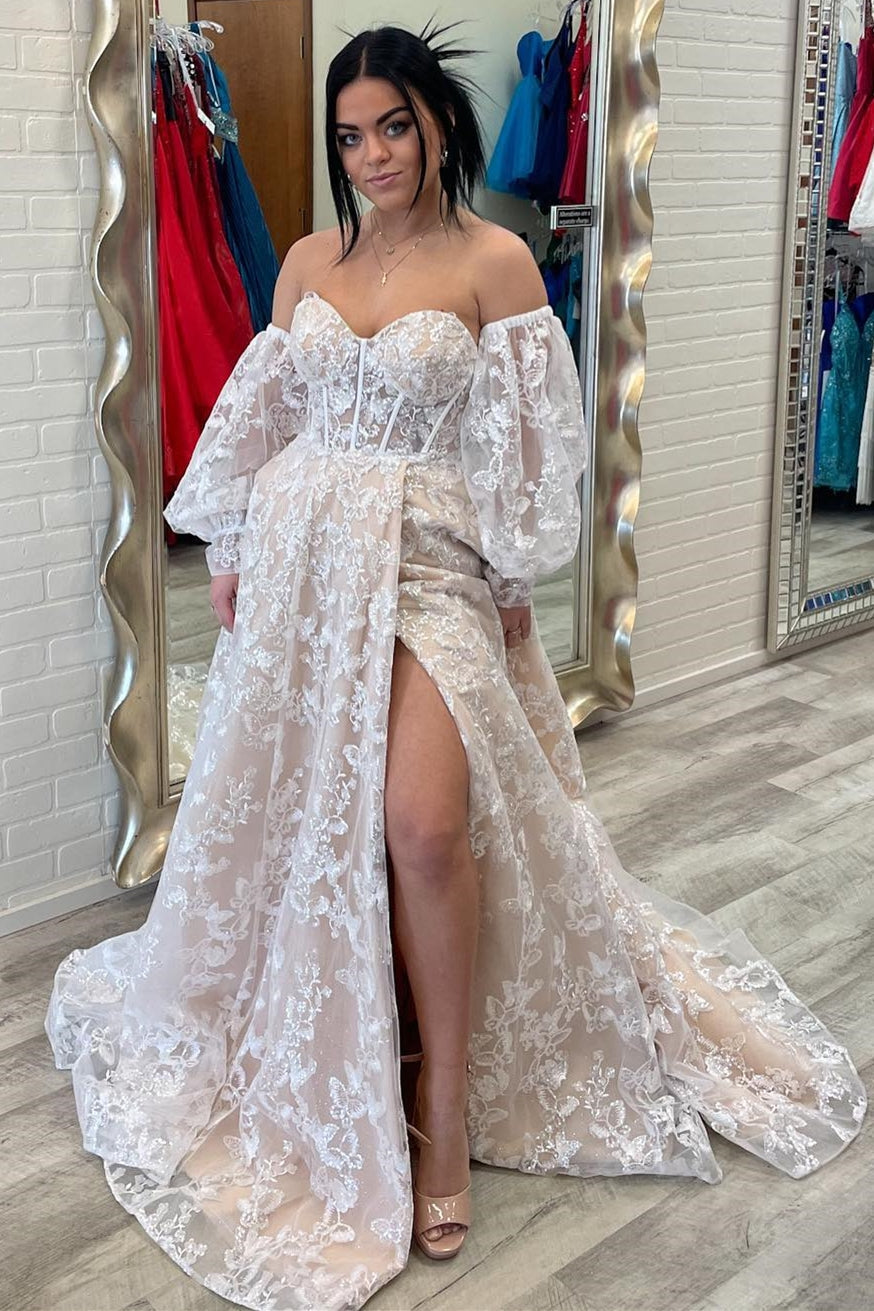 dressimeSparkle Princess Sweetheart Bustier Puff Sleeve Lace Long Prom Dresses
