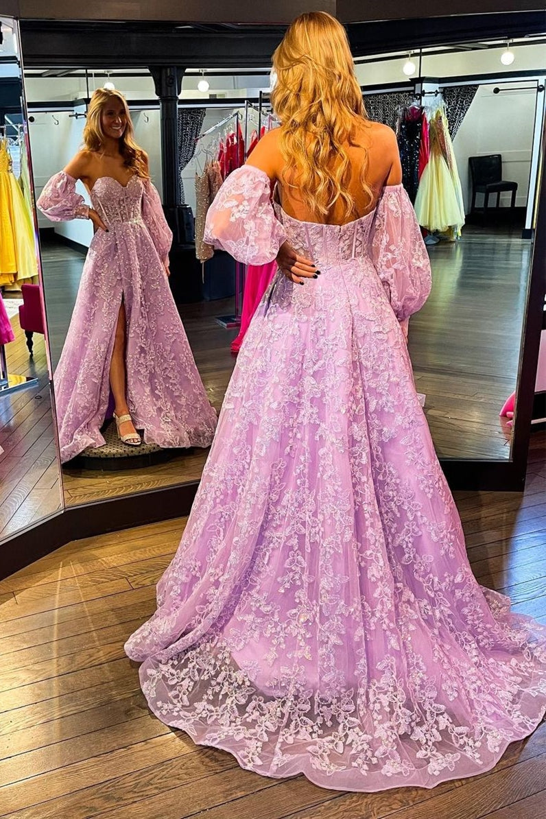 dressimeSparkle Princess Sweetheart Bustier Puff Sleeve Lace Long Prom Dresses