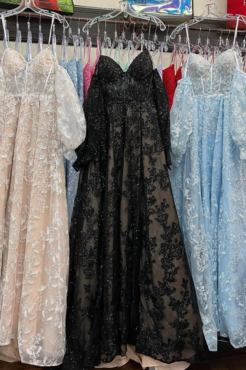 dressimeSparkle Princess Sweetheart Bustier Puff Sleeve Lace Long Prom Dresses