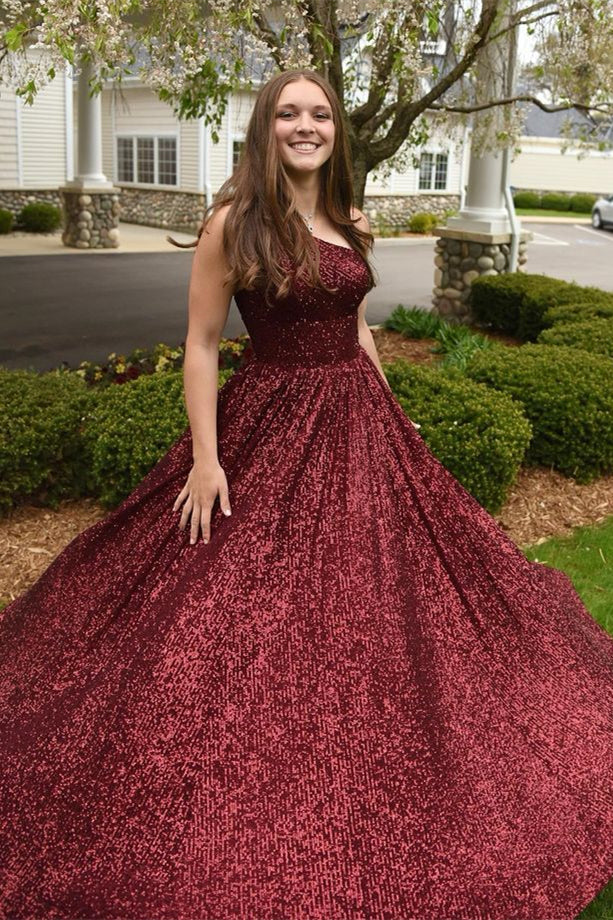 dressimeSparkly A Line One Shoulder Sequin Long Prom Dresses with Pockets