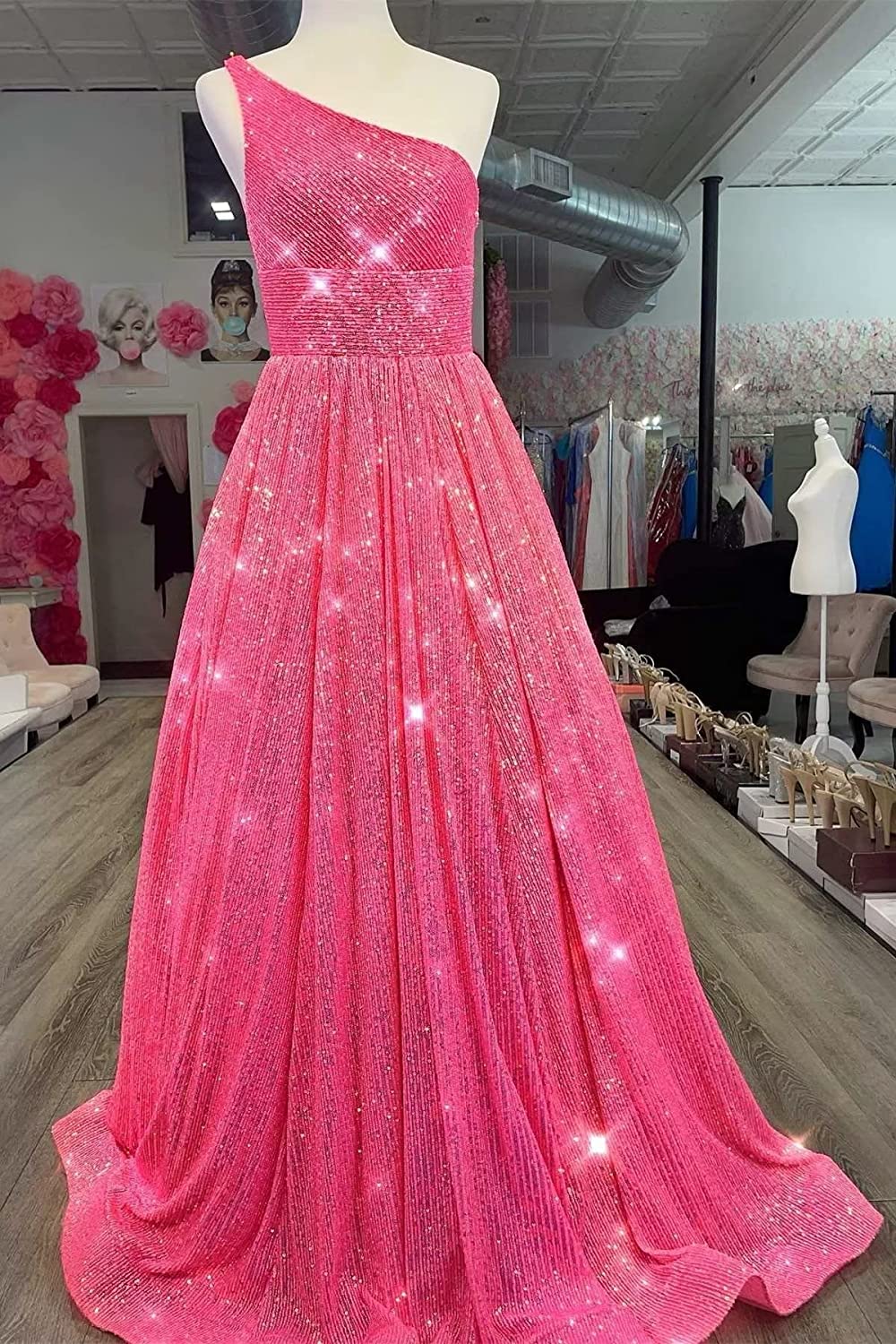 dressimeSparkly A Line One Shoulder Sequin Long Prom Dresses with Pockets