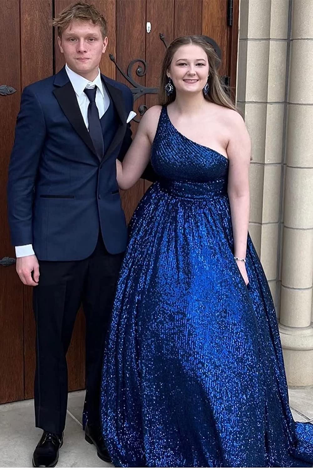 dressimeSparkly A Line One Shoulder Sequin Long Prom Dresses with Pockets