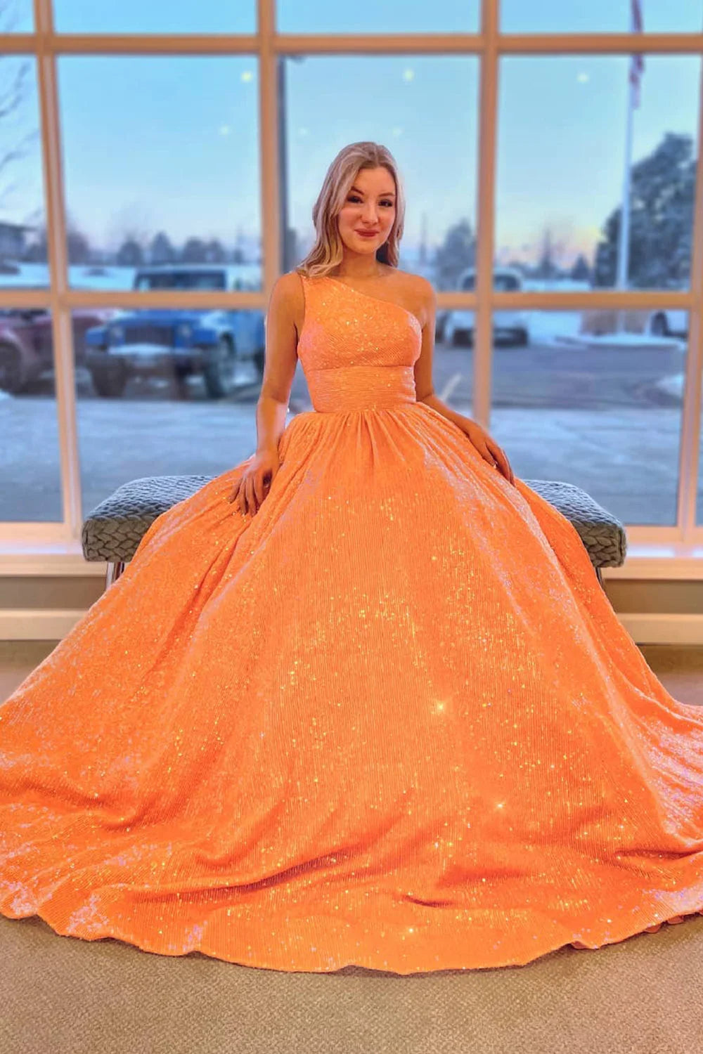 dressimeSparkly A Line One Shoulder Sequin Long Prom Dresses with Pockets