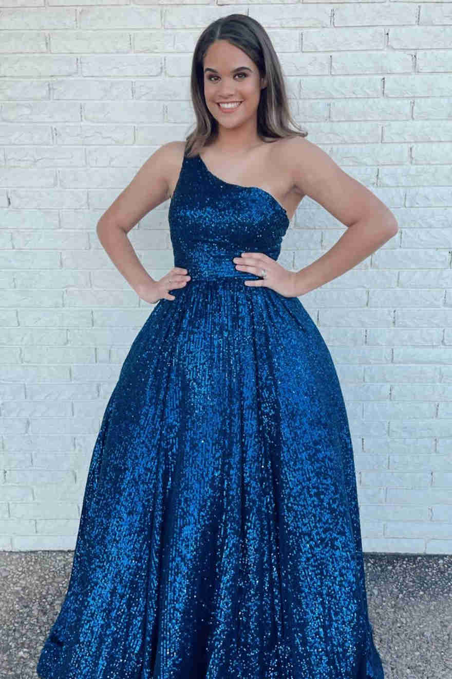 dressimeSparkly A Line One Shoulder Sequin Long Prom Dresses with Pockets