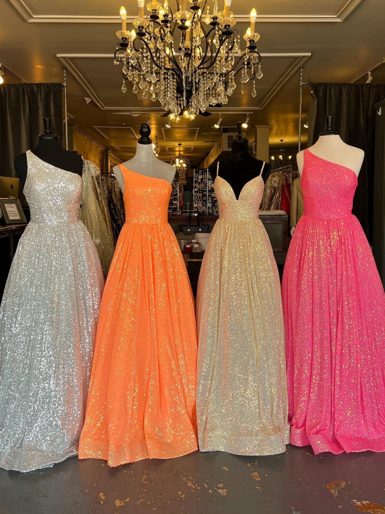 dressimeSparkly A Line One Shoulder Sequin Long Prom Dresses with Pockets