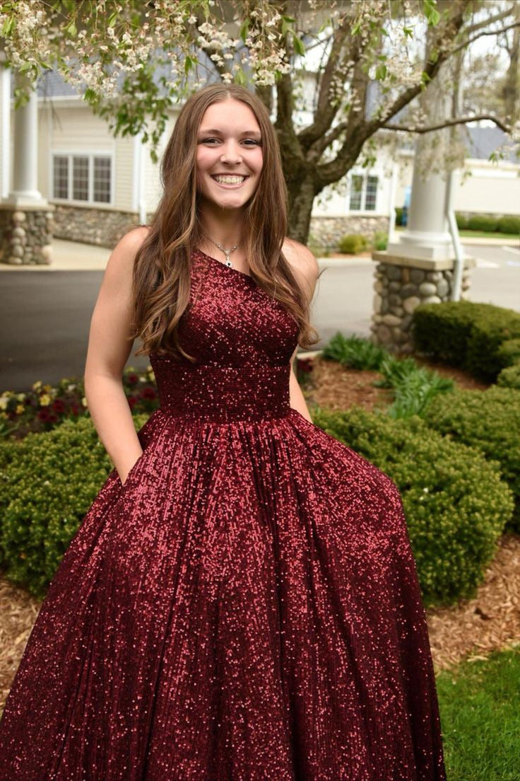 dressimeSparkly A Line One Shoulder Sequin Long Prom Dresses with Pockets